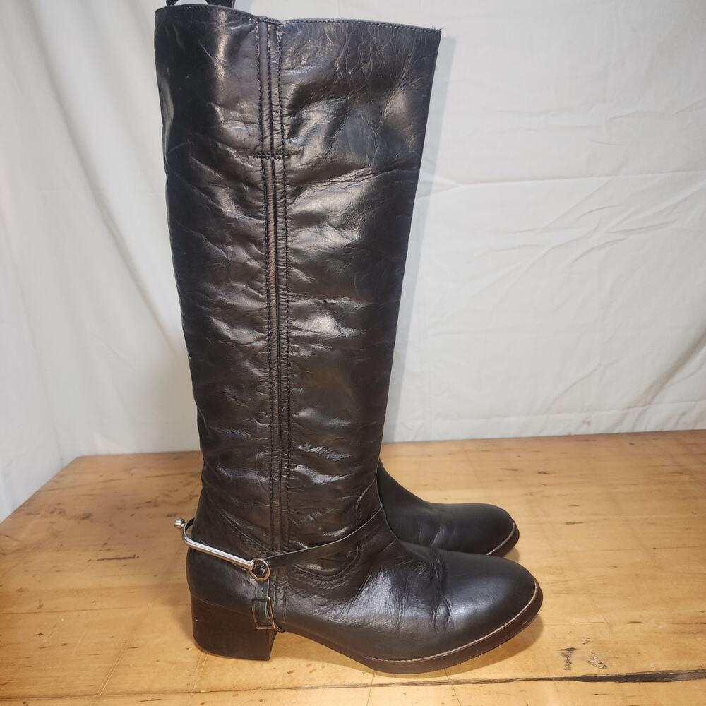 ècote woman'sb 6 black leather English riding  boots spurs festival pull on